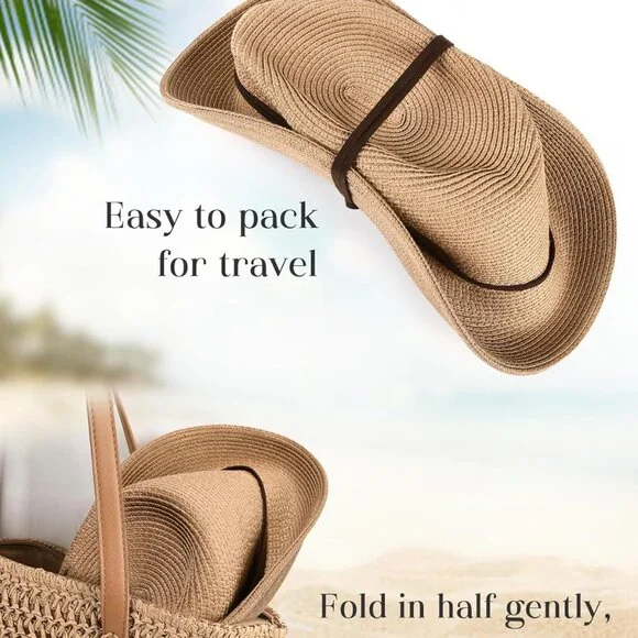 Womens Summer Straw Sun Hats Wide Brim Panama Fedora Beach  display picture 3
